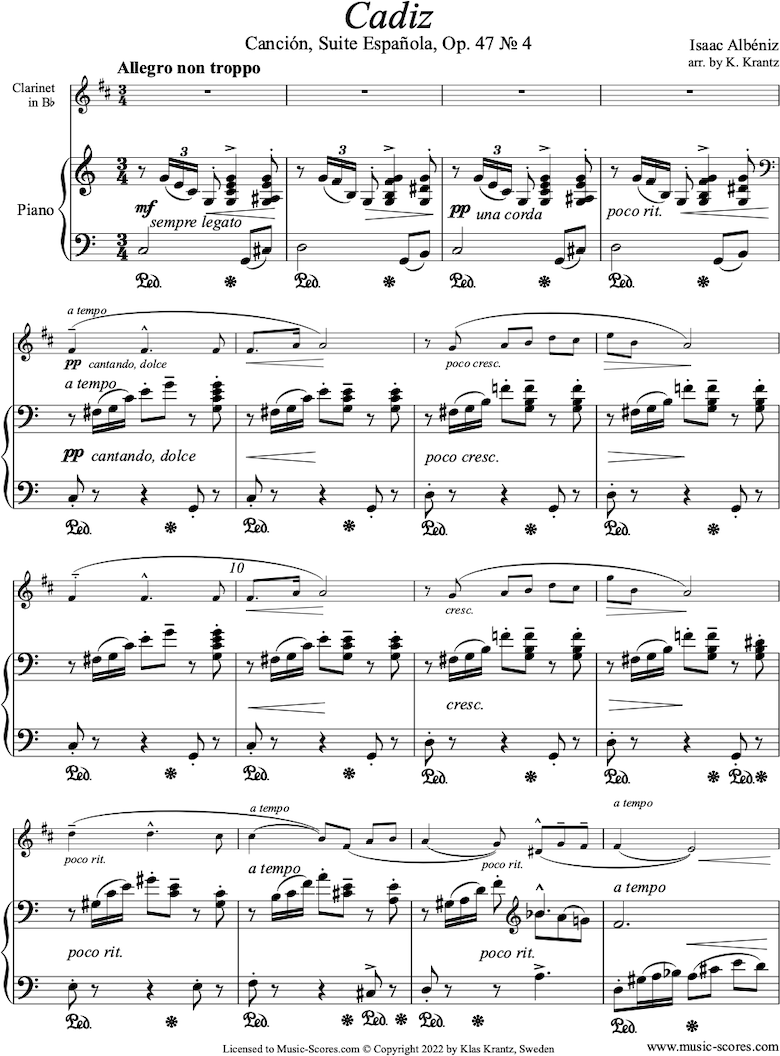 Front page of Op.47, No.4 Cadiz: Clarinet, Piano sheet music