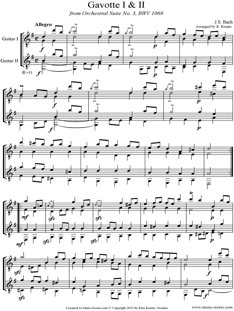 Front page of BWV 1068, 3rd mvt: 2 Gavottes: 2 Guitars sheet music