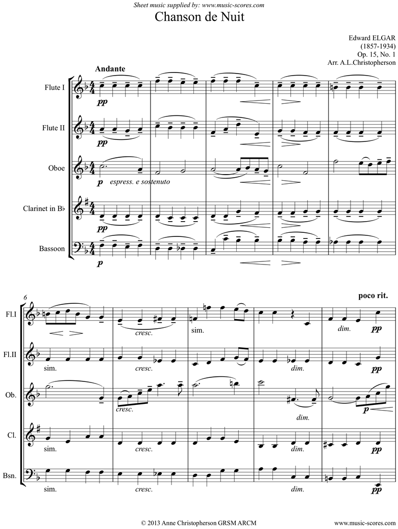 Front page of Chanson de Nuit: Wind quintet sheet music