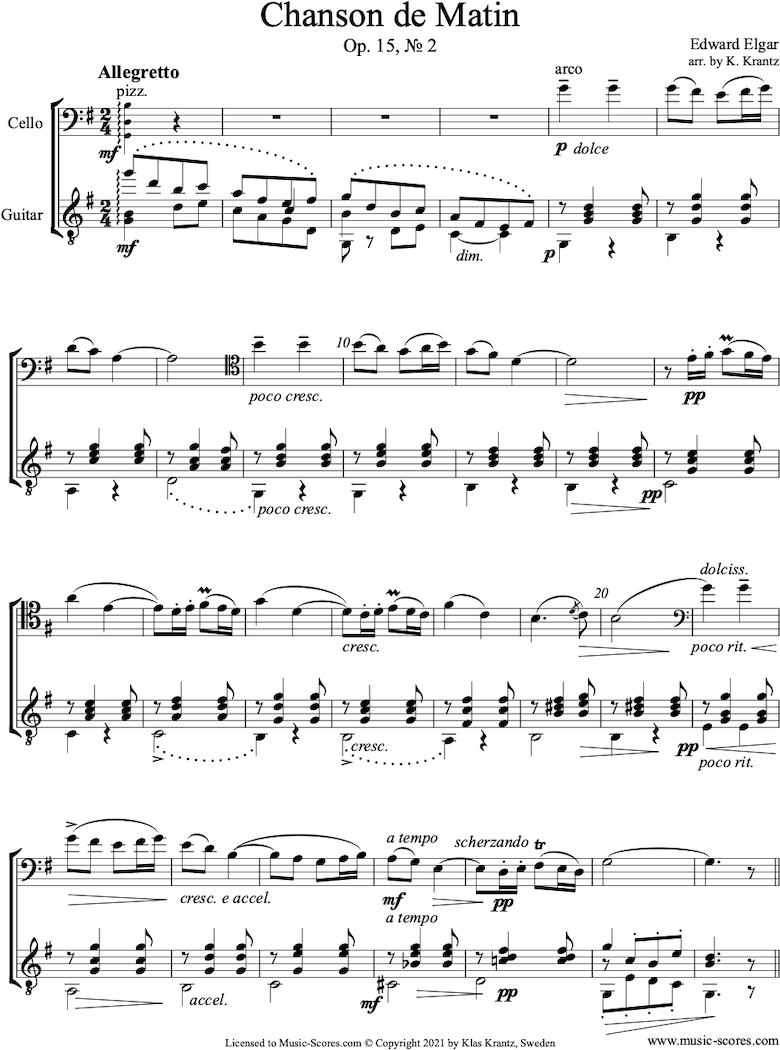 Front page of Chanson de Matin: Cello, Guitar sheet music
