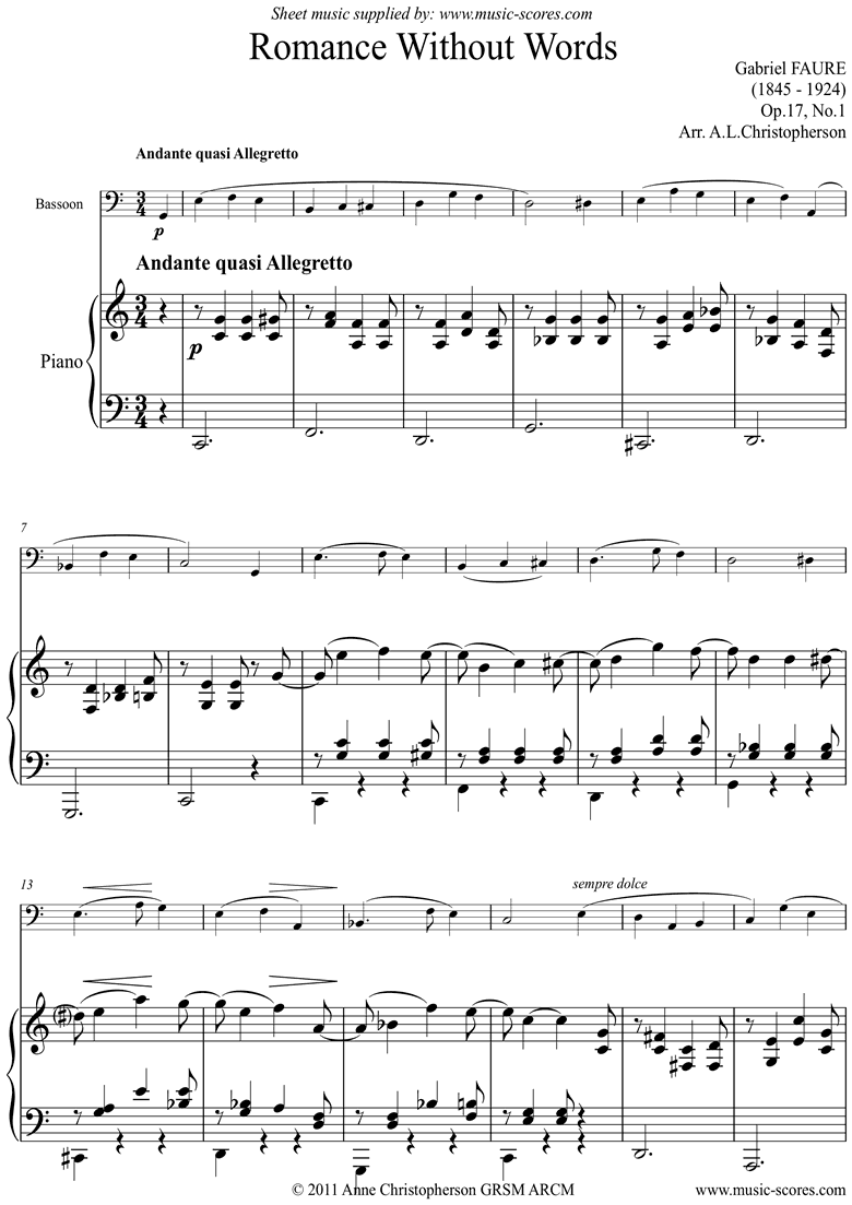 Front page of Op.17, No.1: Romance Without Words: Bassoon sheet music