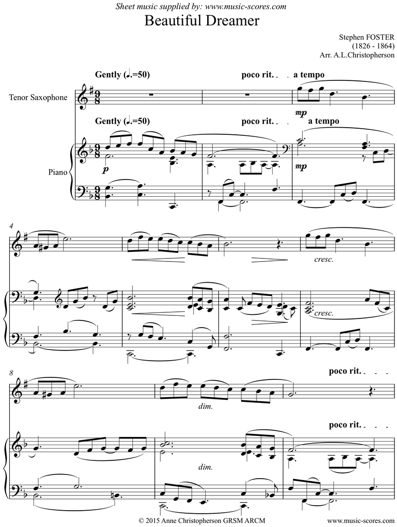 Front page of Beautiful Dreamer: Tenor Saxophone sheet music