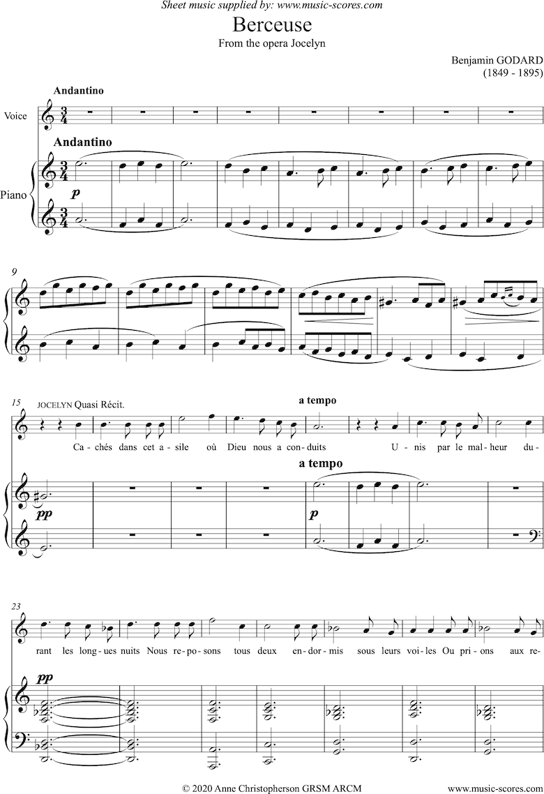 Front page of Jocelyn: Berceuse: Voice and Piano - A minor sheet music