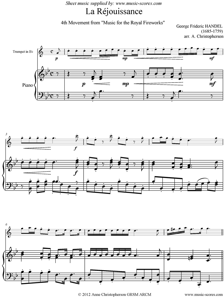 Front page of Fireworks Music: La Réjouissance: Trumpet sheet music