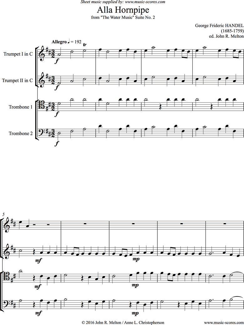 Front page of Water Music: Suite No.2: Alla Hornpipe: Brass Quartet sheet music