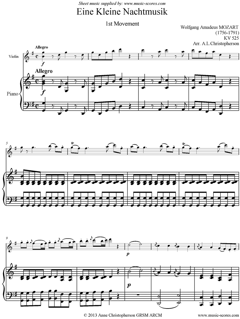 Front page of K525 Eine Kleine Nacht Musik: 1st movement: Violin, Piano sheet music