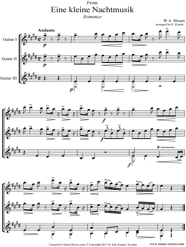 Front page of K525 Eine Kleine Nacht Musik 2: Romanza: Guitar Trio sheet music