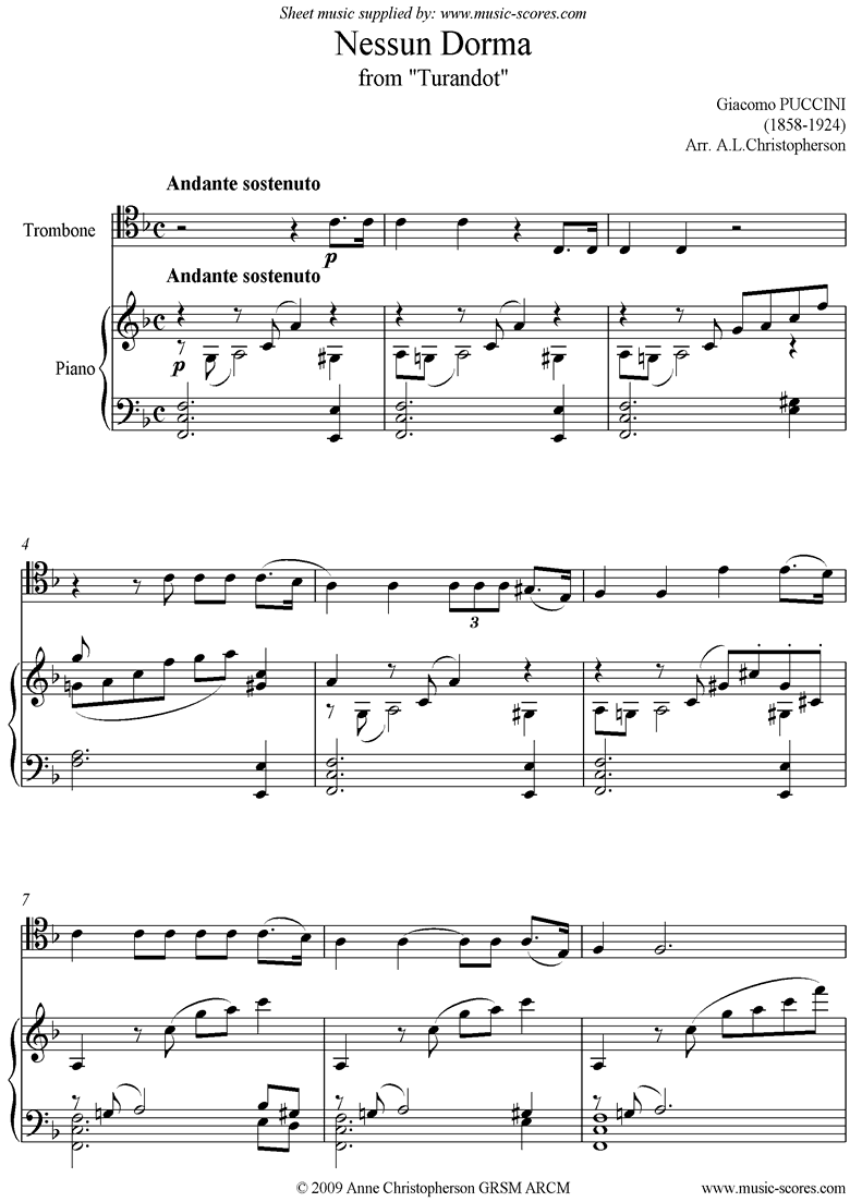 Front page of Turandot: Nessun Dorma: Trombone sheet music