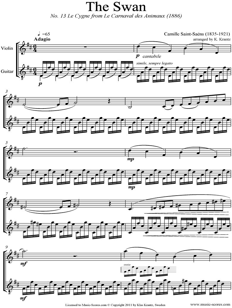 Front page of Le Carnaval des Animaux: 13 Le Cygne: Violin, Guitar sheet music
