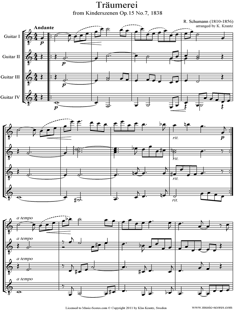 Front page of Op.15: Scenes from Childhood: 07 Dreaming: Four Guitars sheet music