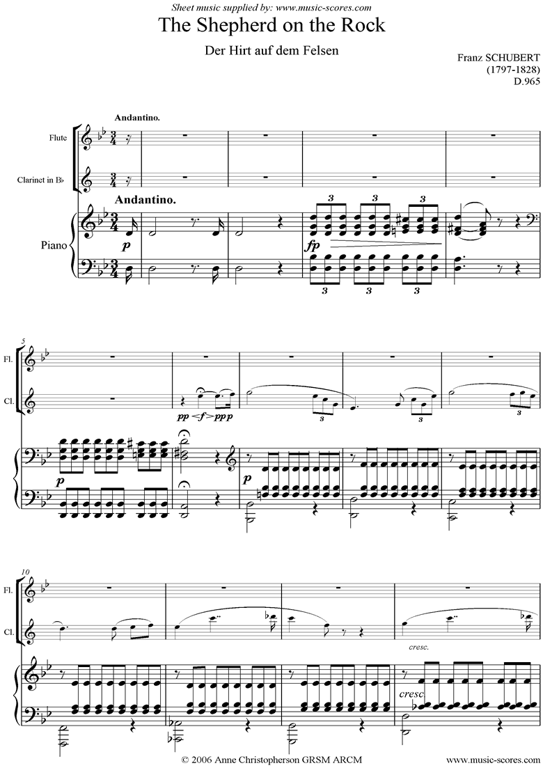 Front page of Shepherd on the Rock D 965: Clarinet, Flute, Piano sheet music