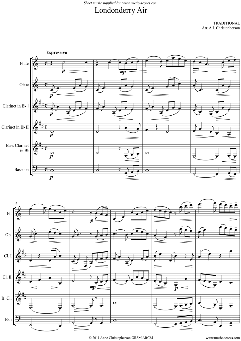 Front page of Danny Boy: I Cannot Tell: Londonderry Air: Fl,Ob,2cls,BCl or Fg sheet music