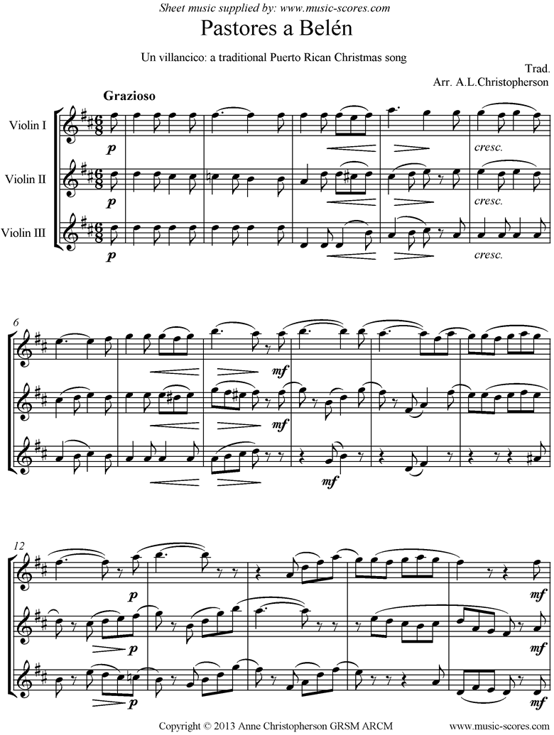 Front page of Pastores A Belen: 3 Violins sheet music