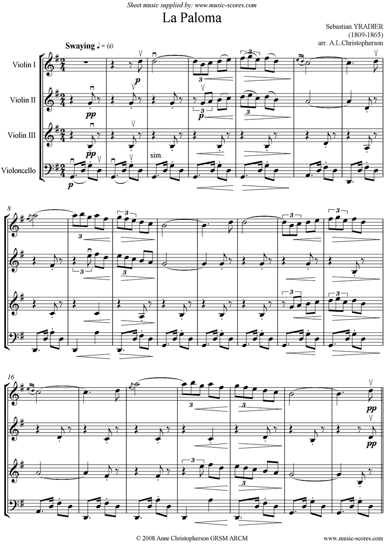 Front page of La Paloma: 3 Violins and Cello sheet music
